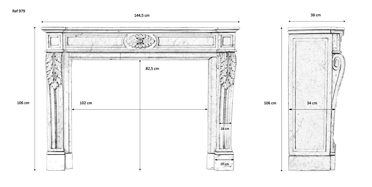 Louis XVI 19th Century Antique Bianca Carrara Marble Fireplace Mantel 