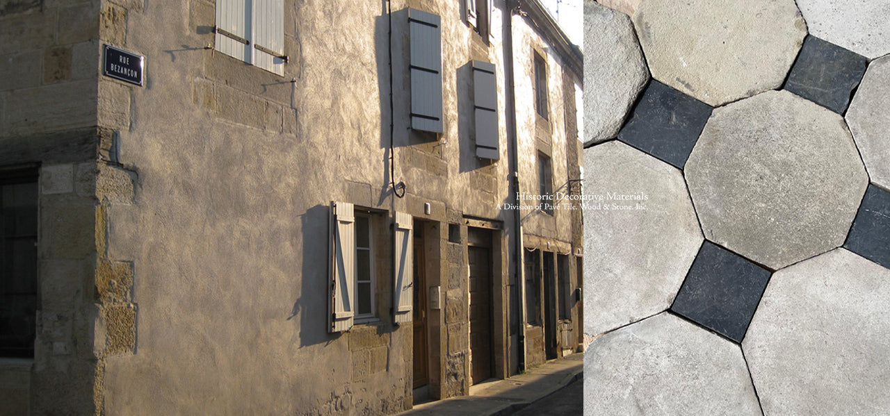 Antique French Limestone Octagon + Antique Belgian Bluestone Cabochon makes for an historic floor.