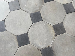 Antique French Gray Octagon Cement Tile + Charcoal Gray Cabochon are loved for their geometric design.