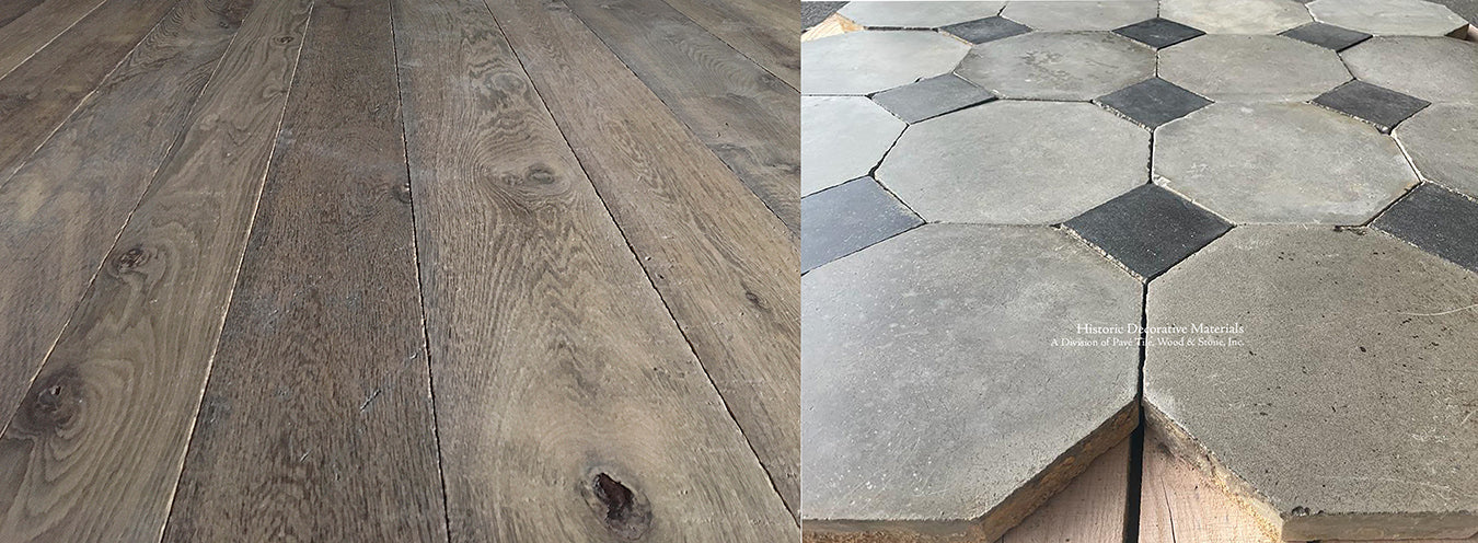 Antique French Gray Octagon Cement Tile + Charcoal Gray Cabochon marries with antique French oak floors for historic interiors. 