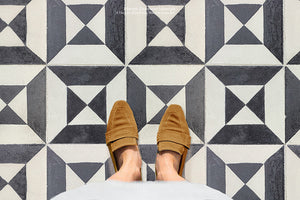 Catalan Farmhouse 1850 Antiqued Cement Tile Collection - The Magician: Charcoal + Authentic Olde White