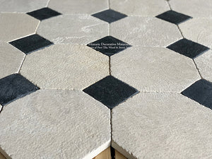 Historic patina of antique French limestone octagon & cabochon floors are perfect for brownstones, carriage houses and manor homes.