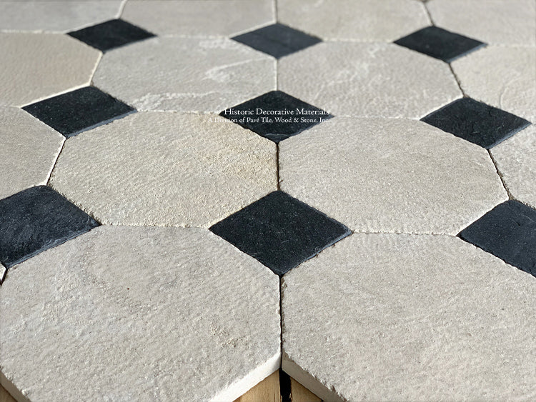 Install antique French limestone octagon & cabochon for a timeless entryway or foyer.