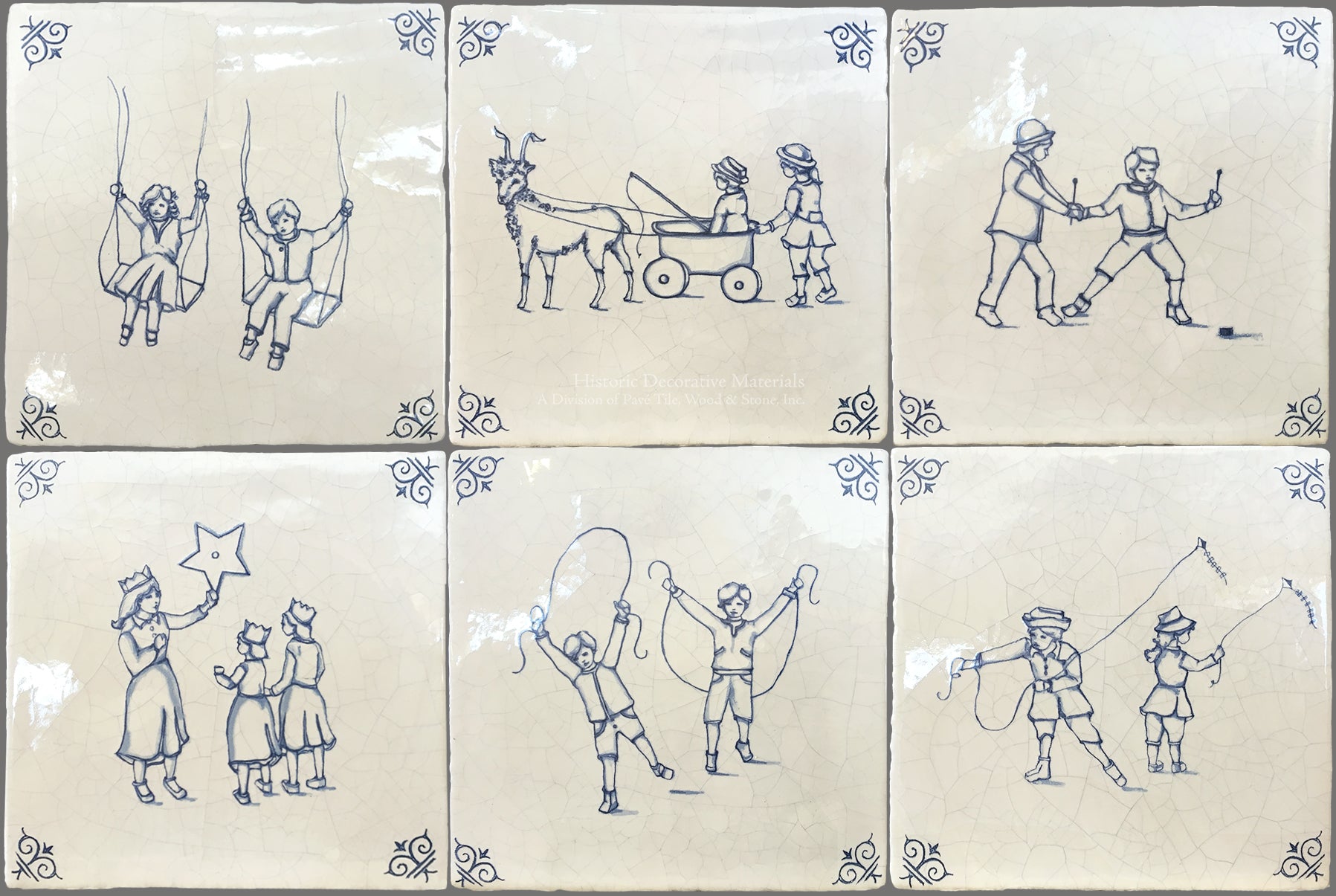 The Children at Play Antique Delft Tile Series has 6 different motifs for a kitchen backsplash.