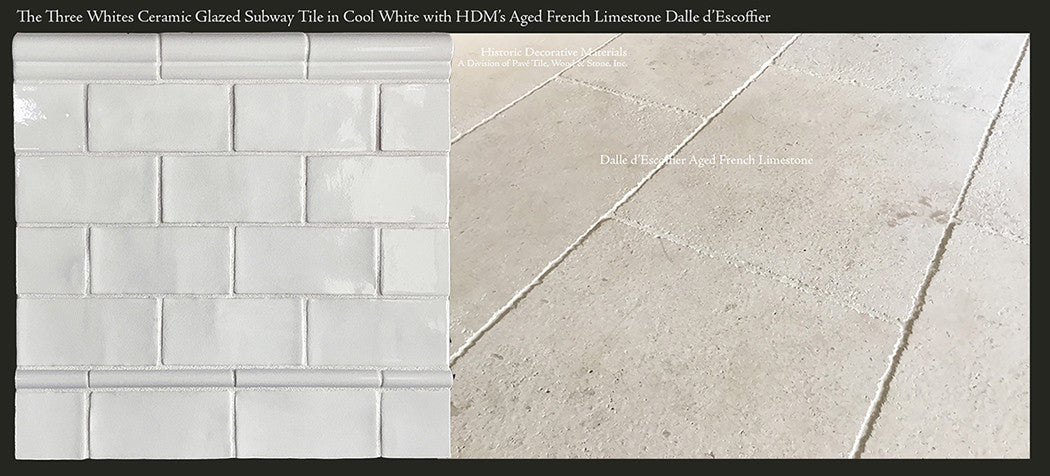 Vintage white subway tiles are beautiful when paired with antique French limestone kitchen flooring.