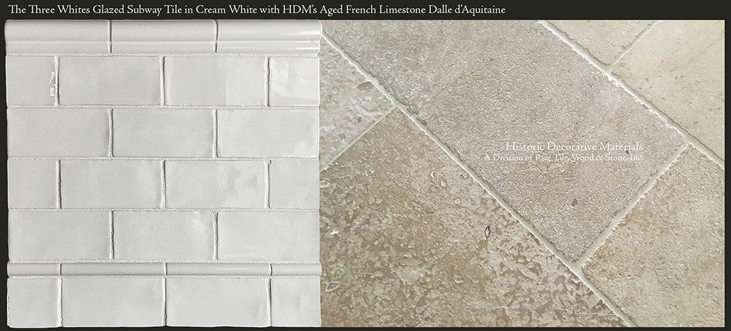 HDM's Glazed Ceramic 3" x 6" Subway Tile Collection in Historic White White Paired with Aged French Limestone Dalle d'Aqutaine