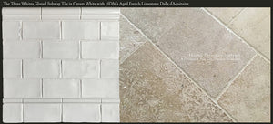 HDM's Glazed Ceramic 3" x 6" Subway Tile Collection in Historic White White Paired with Aged French Limestone Dalle d'Aqutaine