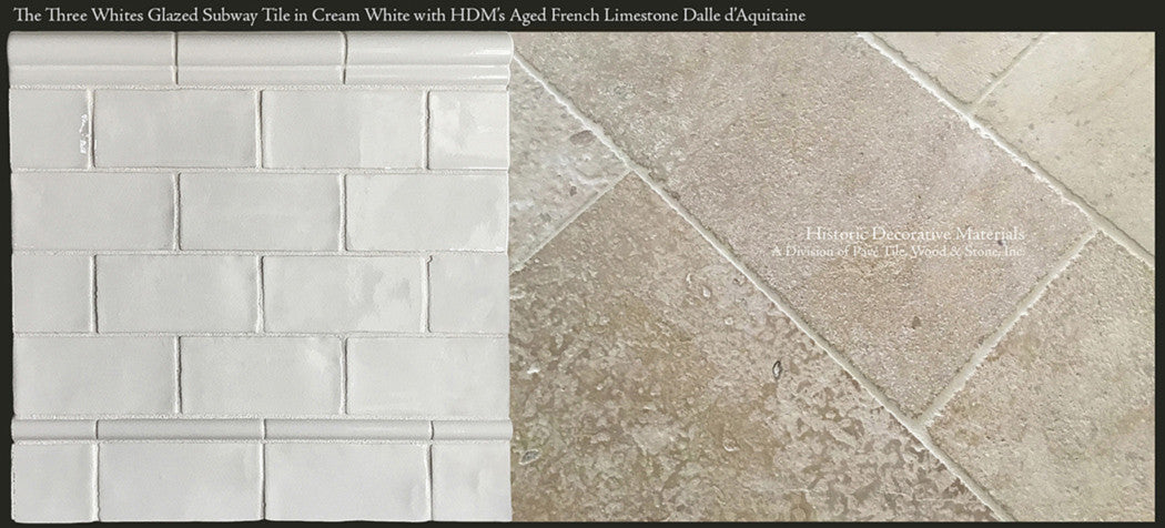 Historic kitchen elegance are antique French oak floors and a vintage subway tile backsplash.