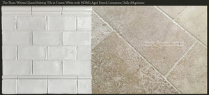 Historic kitchen elegance are antique French oak floors and a vintage subway tile backsplash.