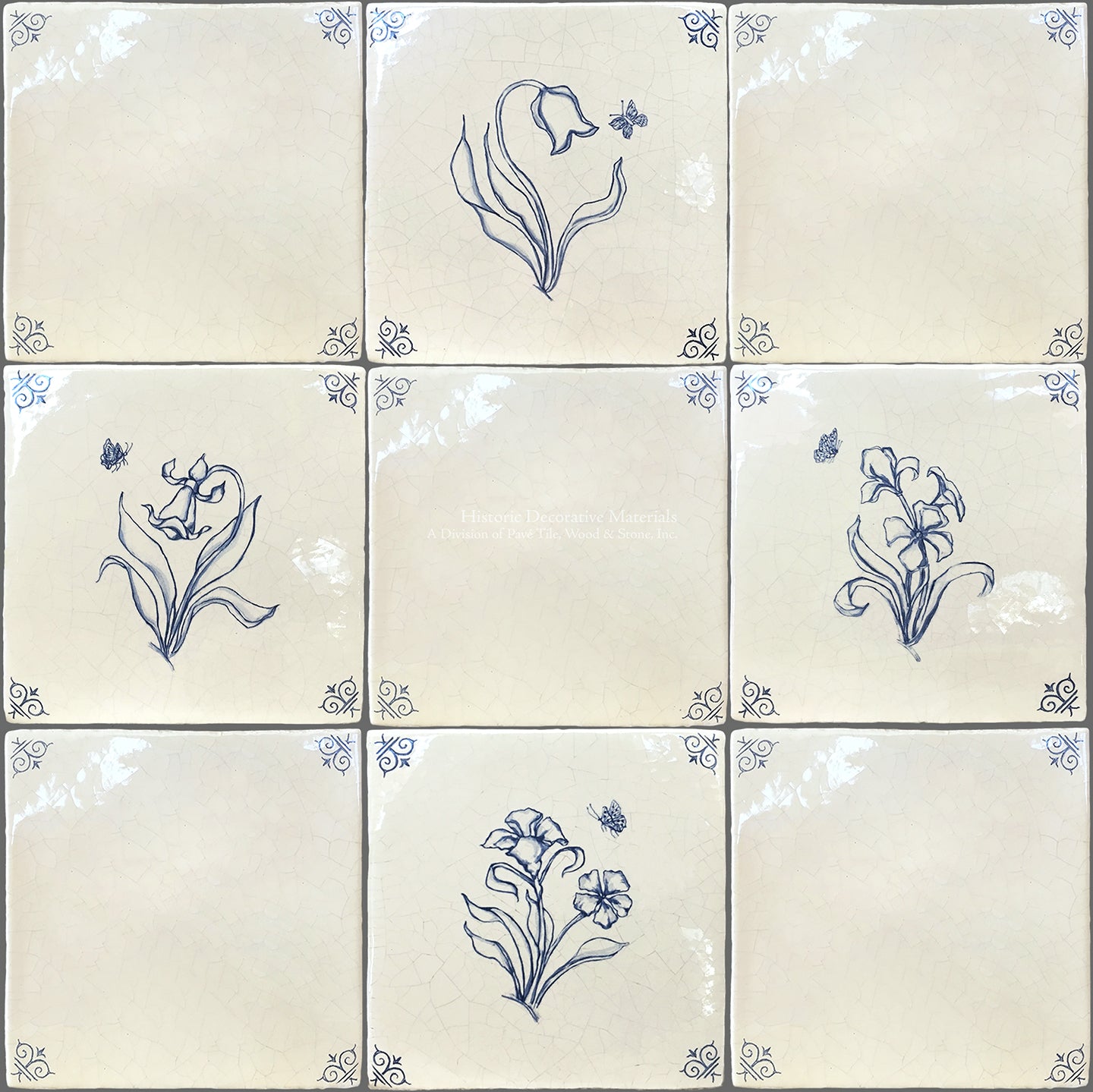 Oxtail corners are hallmarks of an antique Delft tile installation.