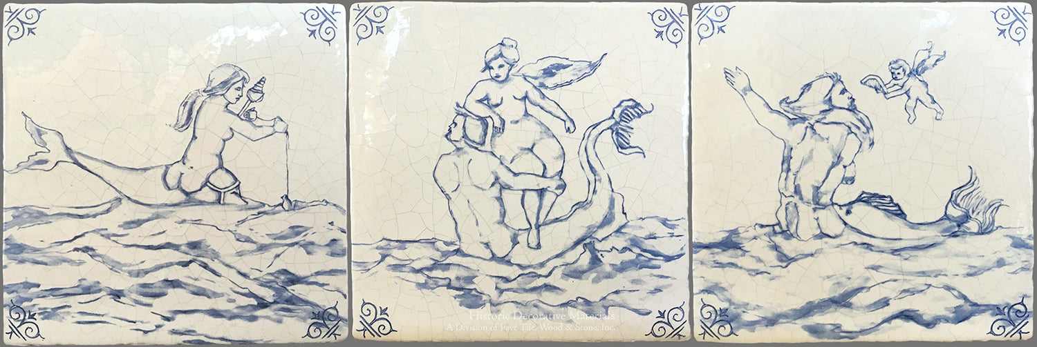 Antiqued Delft Tile Sea Creatures on Vintage Warm White Field Tile