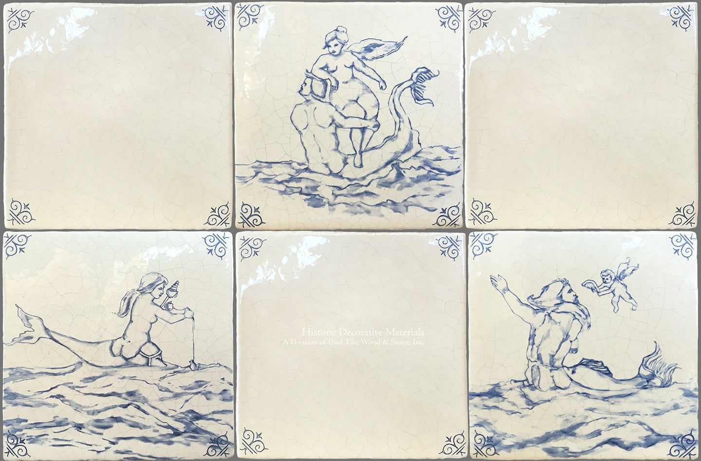 Antiqued Delft Tile Sea Creatures + Oxtail Corner Tiles on Vintage Warm White Field Tile