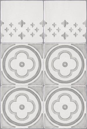 Vintage French encaustic decorative walls tiles create pattern kitchen backsplashes.