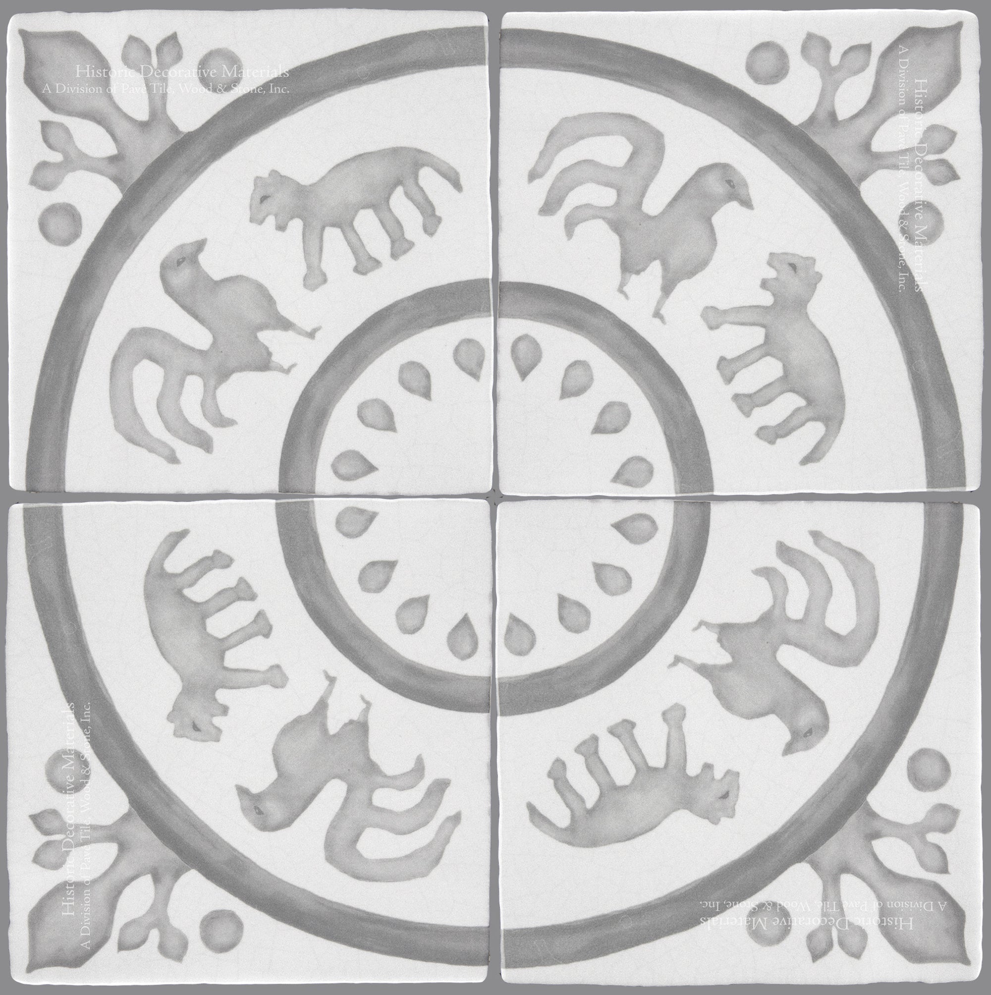 French Encaustic Decorative Wall Tile " Rosace: Rooster and Fox"