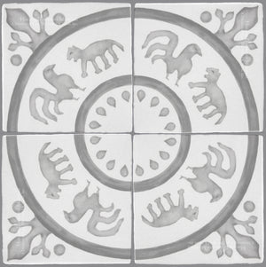 French Encaustic Decorative Wall Tile " Rosace: Rooster and Fox"