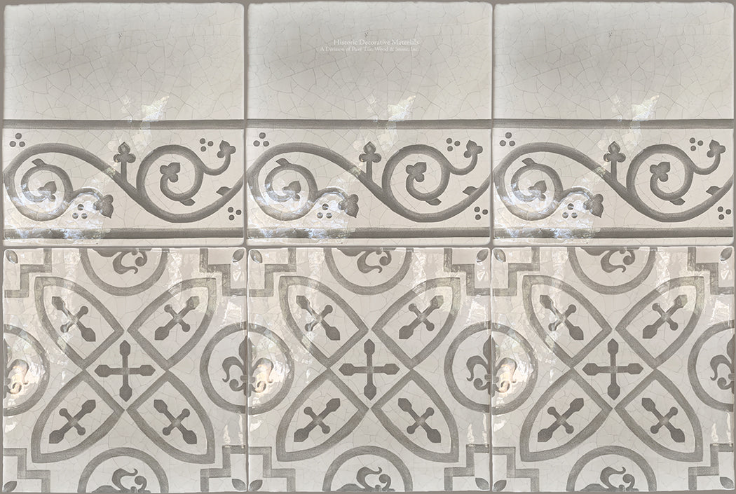 Carriage House English Encaustic Tile Collection - King's Medallion & Scroll Border on Vintage Warm White