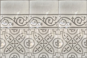 Carriage House English Encaustic Tile Collection - King's Medallion & Scroll Border on Vintage Warm White