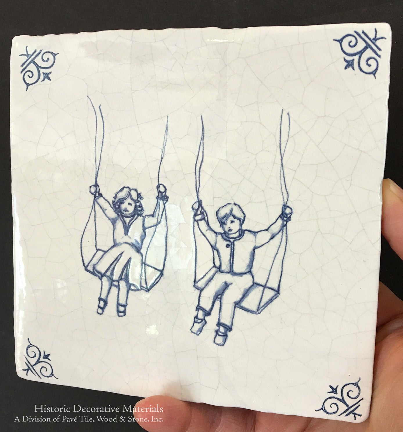Children at Play like swinging, is a popular Antique Delft Tile motif.