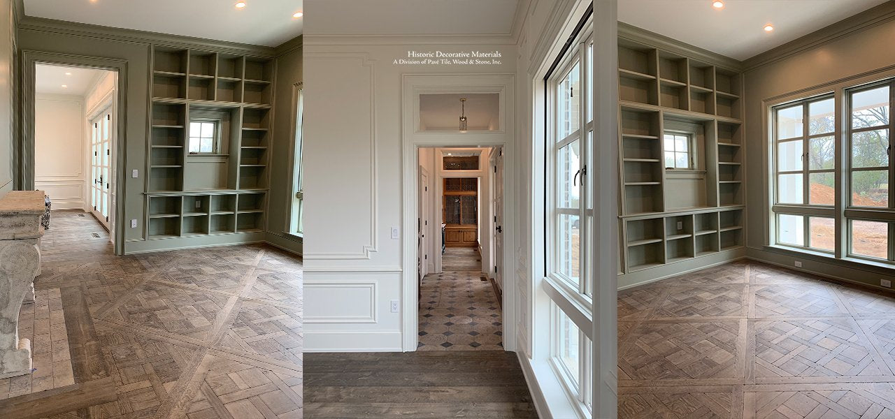 Historic Virginia farmhouse restored with antiqued French oak floors in parquet de Versailles and wide plank.