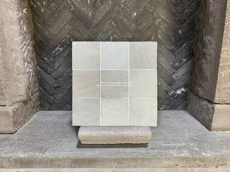 l'Art de Fez Zellige Tile in Blanc de Fez White Zellige + Antique Belgian Bricks + Antique Fireplace