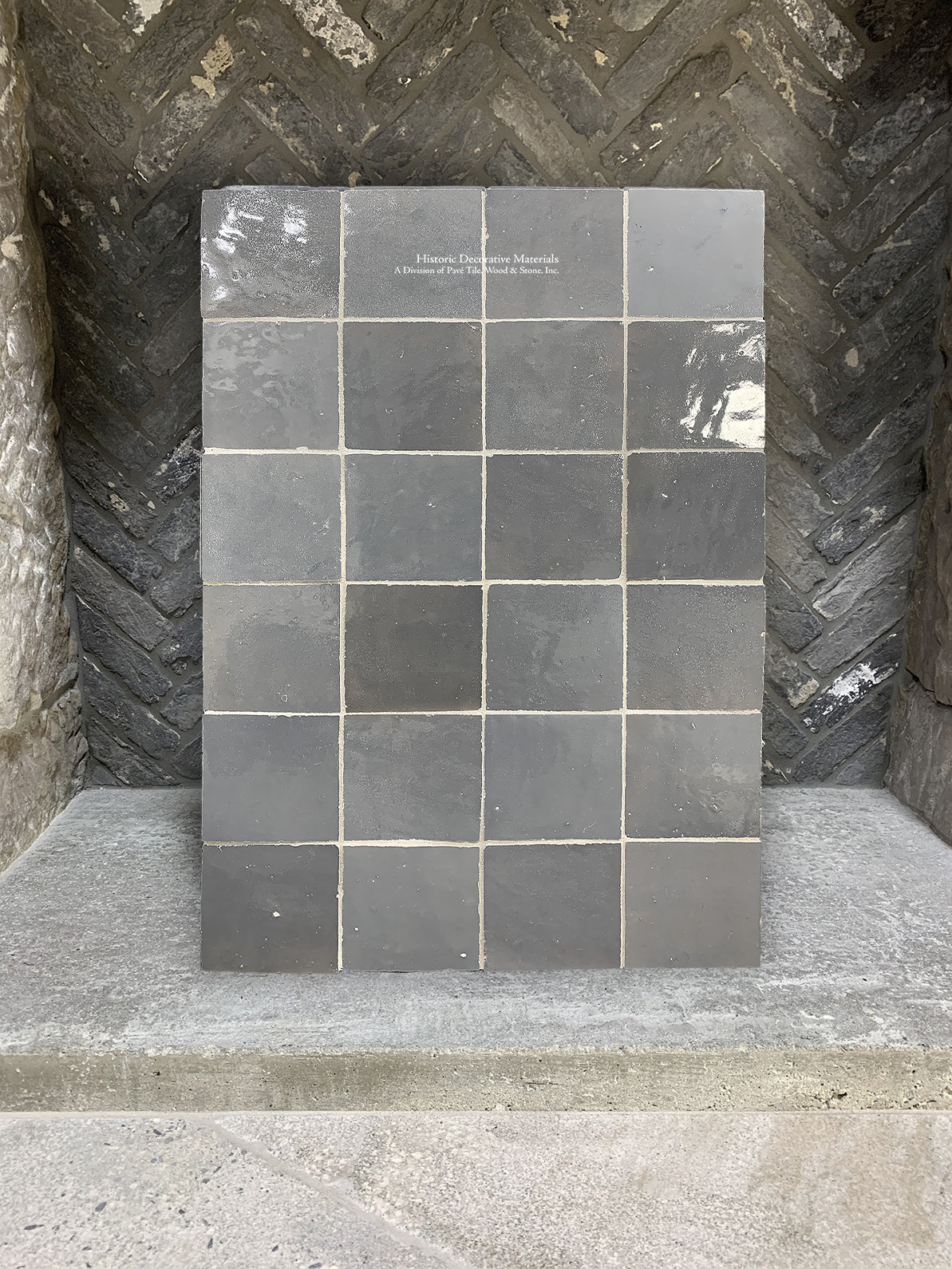 l'Art de Fez Stormy Gray Zellige Tile + Antique Belgian Bricks + Antique Fireplace