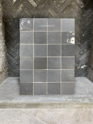 l'Art de Fez Stormy Gray Zellige Tile + Antique Belgian Bricks + Antique Fireplace